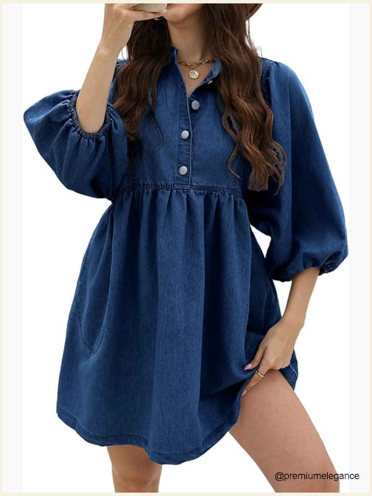3/4 Puff Sleeve Denim Dress Loose Babydoll Button Up With Pockets